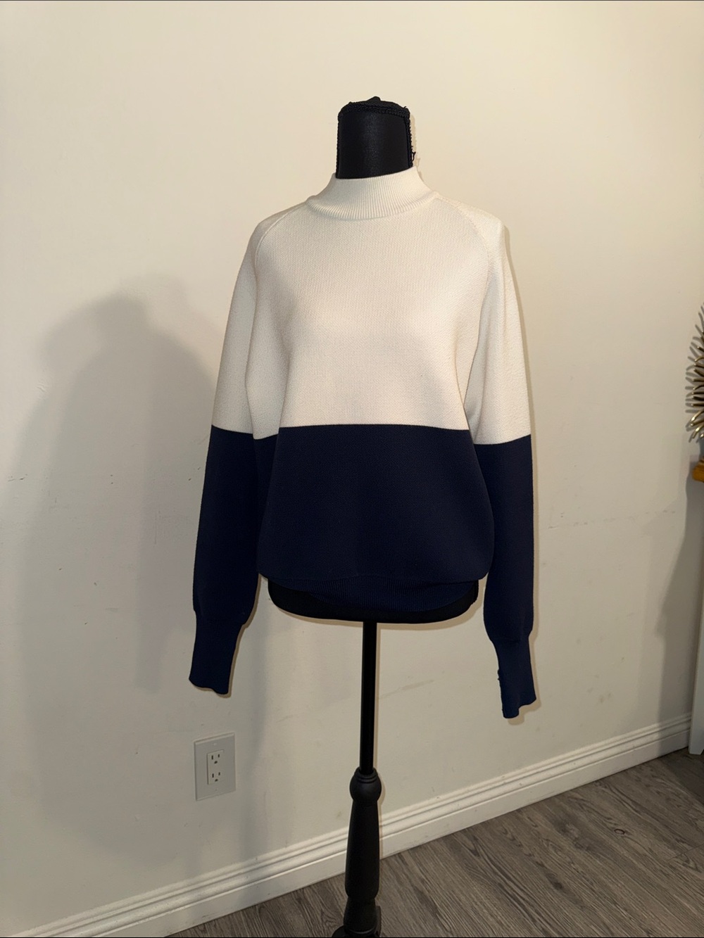 Tory Burch Two-Tone Cowl Neck Sweater in White and Navy